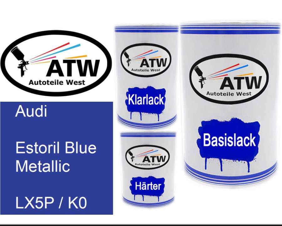 Audi, Estoril Blue Metallic, LX5P / K0: 500ml Lackdose + 500ml Klarlack + 250ml Härter - Set, von ATW Autoteile West.